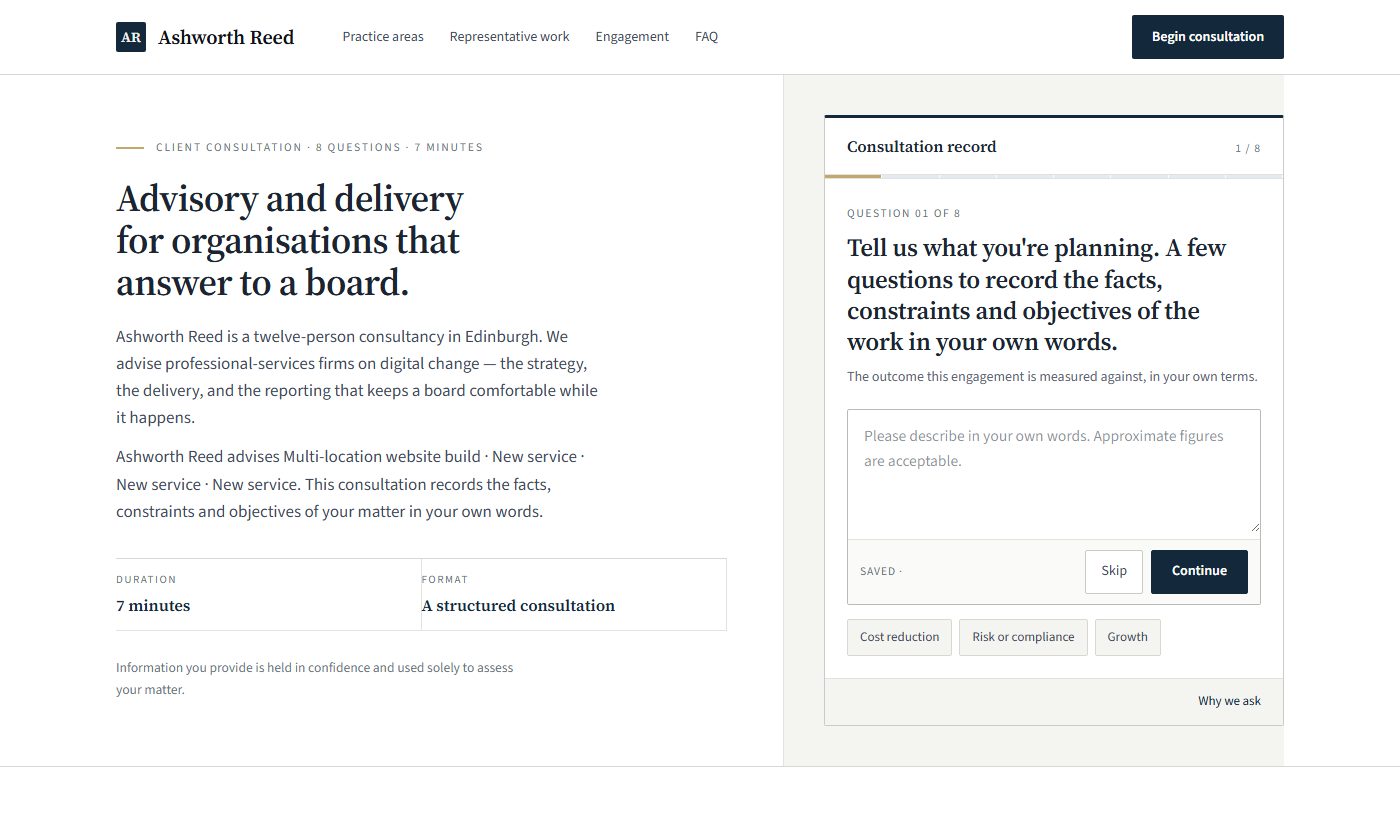 The Corporate discovery page: a serif headline and a structured consultation record in two columns.