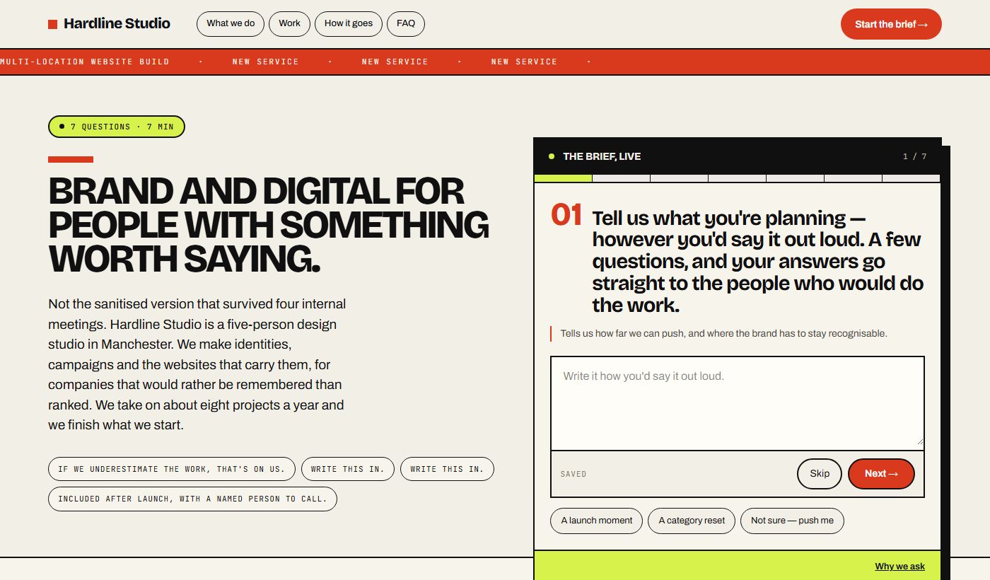 The Creative discovery page: heavy display type, a running services marquee, and the brief open beside it.